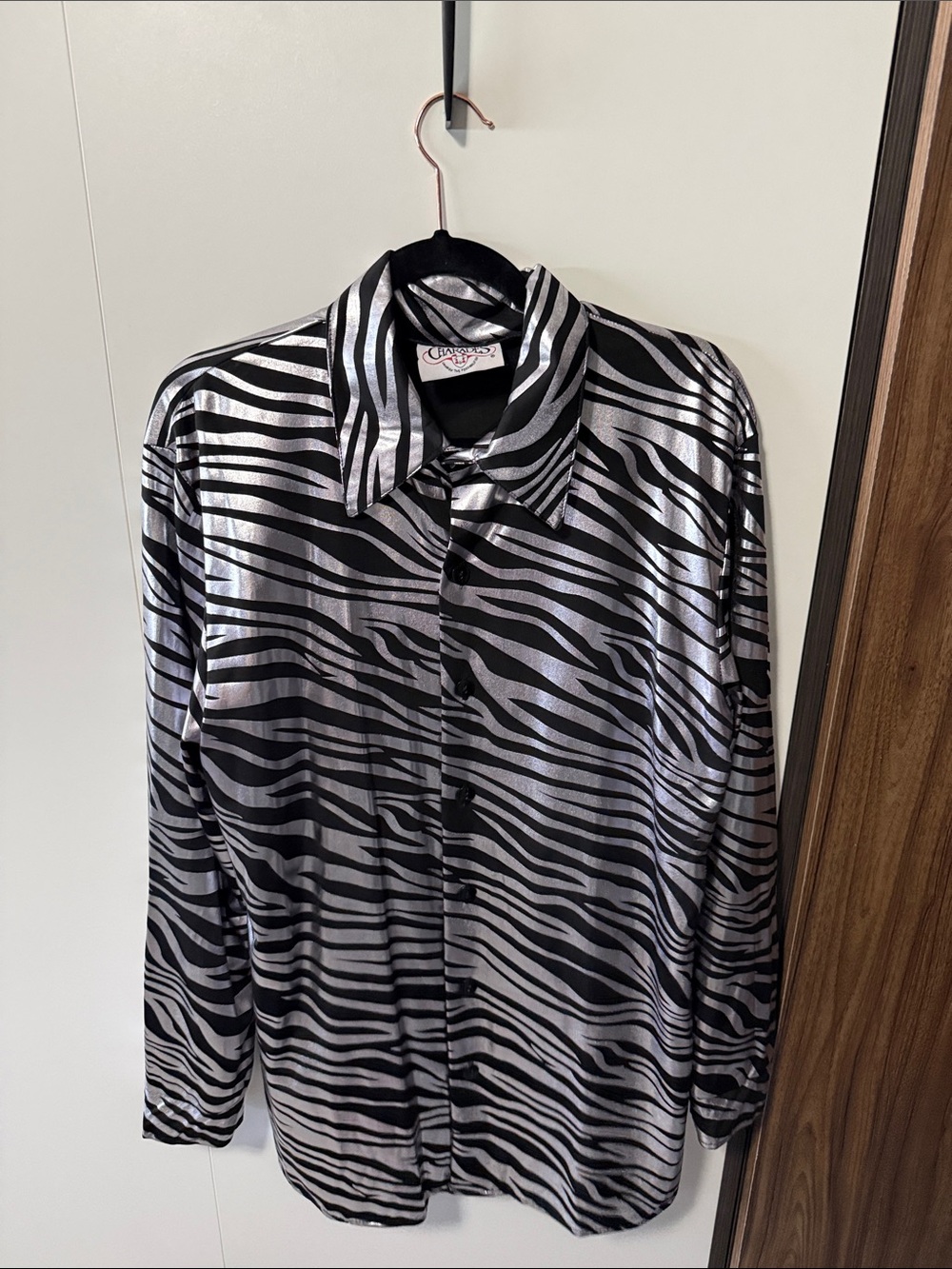 Men's Black and Silver Zebra Print Button-Down Shirt